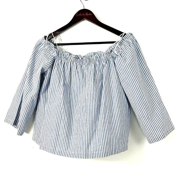 Club Monaco Women M Blue White Off The Shoulder Tassel Crop Top Cotton Speckled - Picture 3 of 11